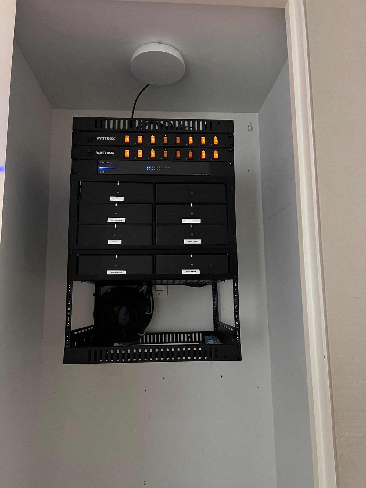 Neatly labeled network and audio rack in a closet