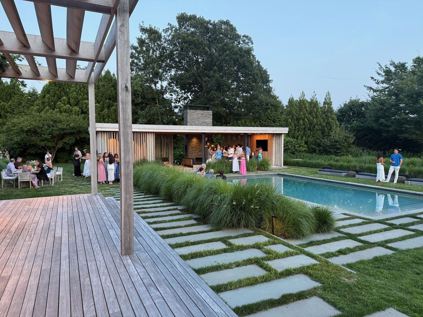 Hamptons pool house and pergola with outdoor audio